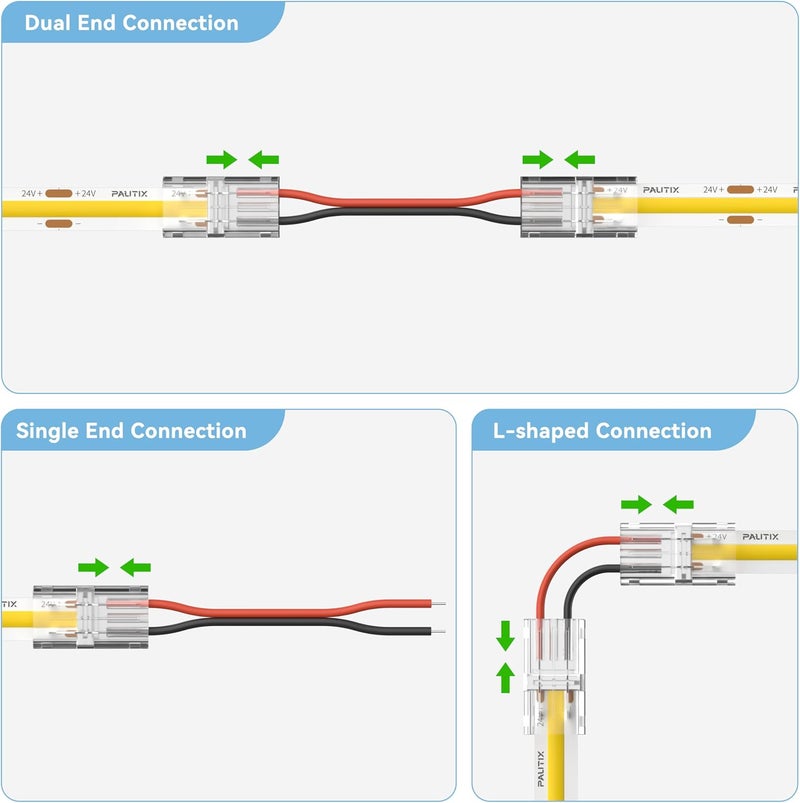 PAUTIX COB LED Connectors for 8mm 2-Pin COB LED Strip Lights,20pcs Strip to Wire Connectors,10ft(305cm) Long 22AWG Extension Wires for Non-Wired Gapless Solderless,5V 12V 24V 2835 LED Strip Lights - Image 2